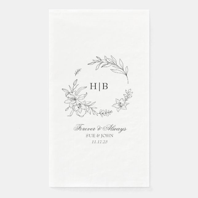 Classic Floral Wreath Monogram Wedding Paper Guest Towels (Front)