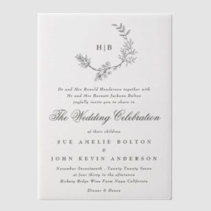 Classic Floral Wreath Monogram Wedding Vellum Invitations