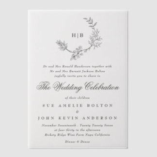 Classic Floral Wreath Monogram Wedding Vellum Invitations