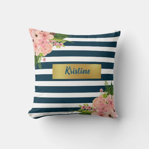 Classic Florals with Royal Blue and White Stripes Throw Pillow