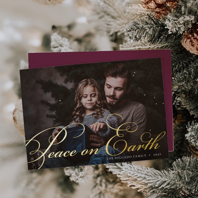 Classic Flourish | Peace on Earth Photo Foil Holiday Card (Creator Uploaded)