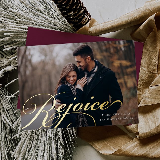 Classic Flourish | Rejoice Photo Foil Holiday Card (Creator Uploaded)