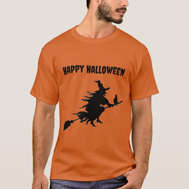 Classic Flying Witch on Broom with Cat Halloween T-Shirt (Front)