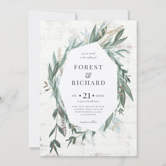 Classic Foliage with gold effect wedding invite (Front)