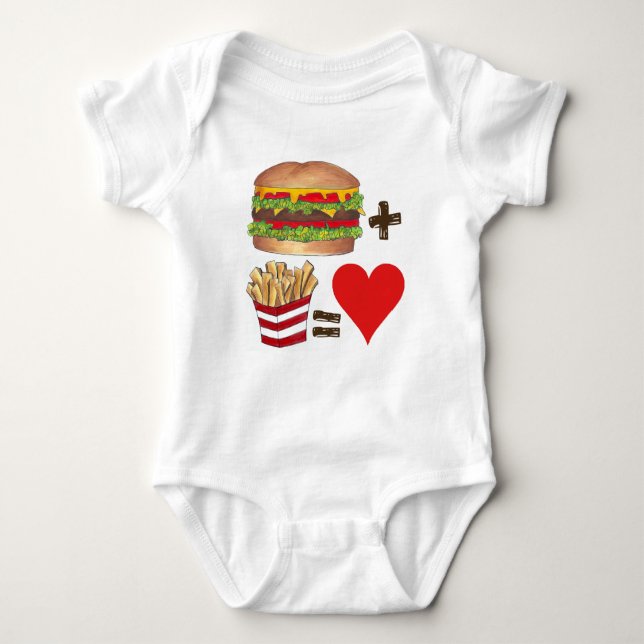 Classic Food Pairing Burger + Fries = Love Heart Baby Bodysuit (Front)