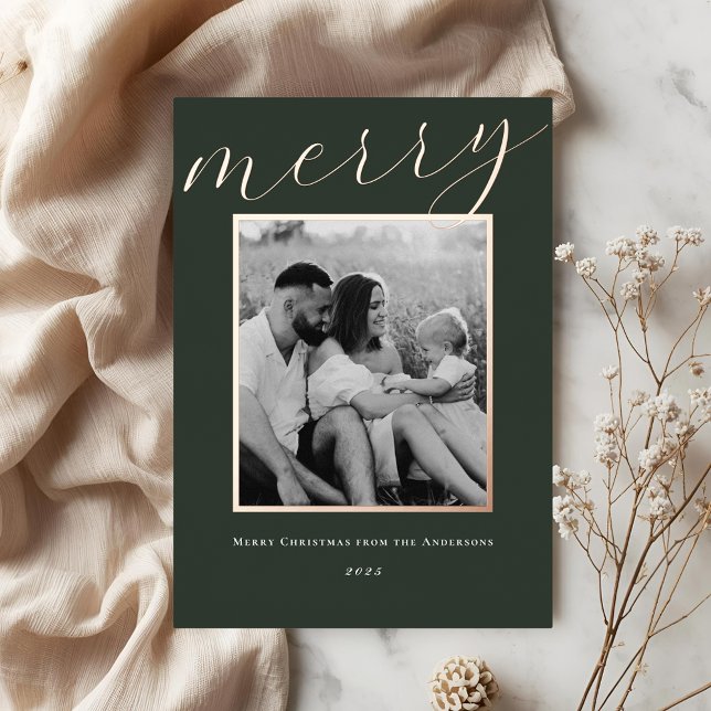 Classic Forest Green and Gold Frame Family Photo Foil Holiday Card (Creator Uploaded)