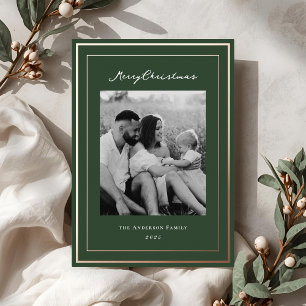 Classic Forest Green and Gold Frame Family Photo Foil Holiday Card