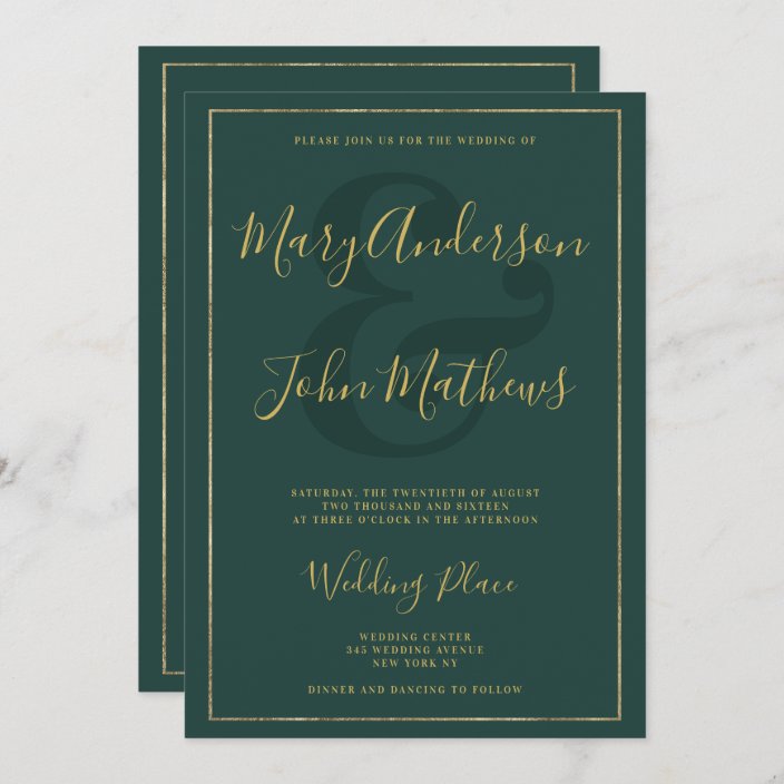 Classic forest green chic gold foil border wedding invitation | Zazzle