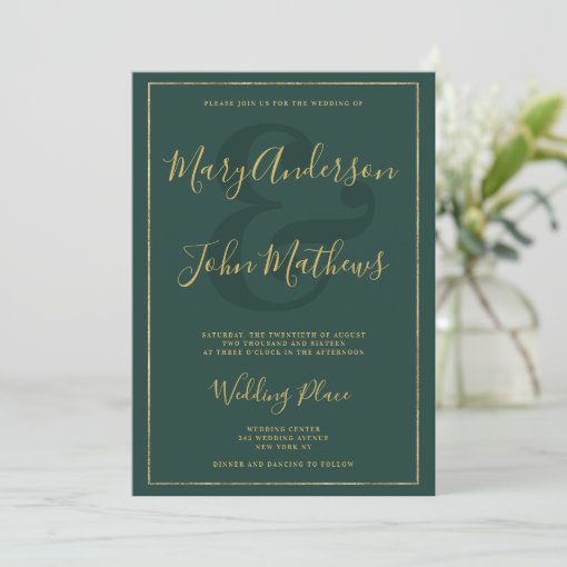 Classic forest green chic gold foil border wedding invitation | Zazzle