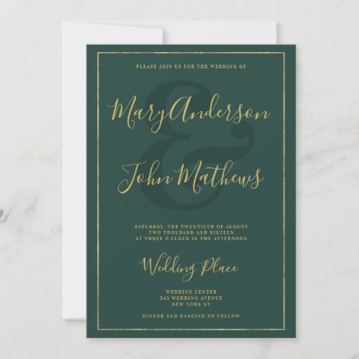 Classic Forest Green Chic Gold Foil Border Wedding Invitation 