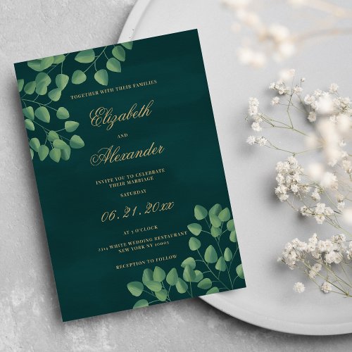 Classic forest green gold eucalyptus chic wedding invitation