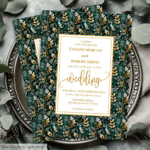 Classic Forest Green Gold Foliage Wedding Invites