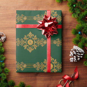 Classic Forest Green Gold Medallion Striped   Wrapping Paper