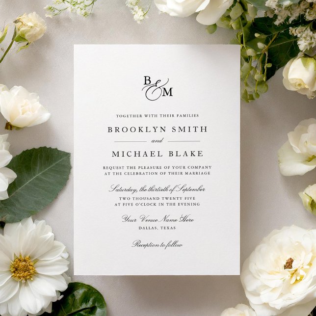 Classic Formal Black and White Monogram Wedding Invitation (Creator Uploaded)