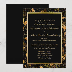 Classic Formal Black & Gold Floral Foliage Wedding Invitation