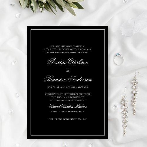 Classic Formal Black  White Border Script Wedding Invitation