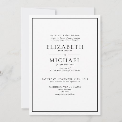 Classic Formal Black & White Simple Wedding Invitation | Zazzle