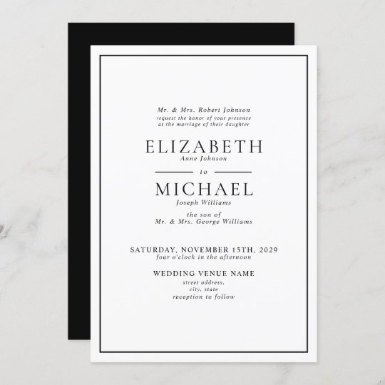 Classic Formal Black & White Simple Wedding Invitation | Zazzle.com
