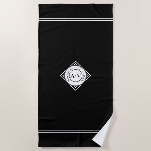Classic Formal Black White Wedding Monogram Beach Towel