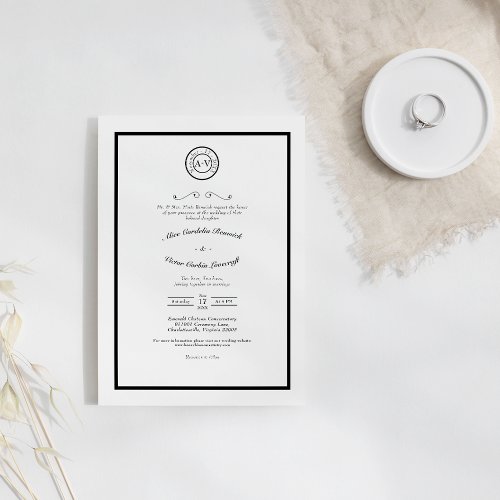 Classic Formal Black White Wedding Monogram Invitation