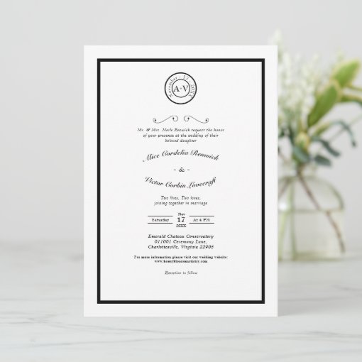 Classic Formal Black White Wedding Monogram Invitation | Zazzle