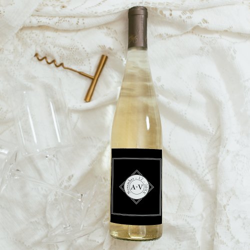 Classic Formal Black White Wedding Monogram Wine Label
