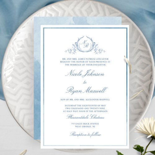 Classic Formal Blue Monogram Wedding Invitation