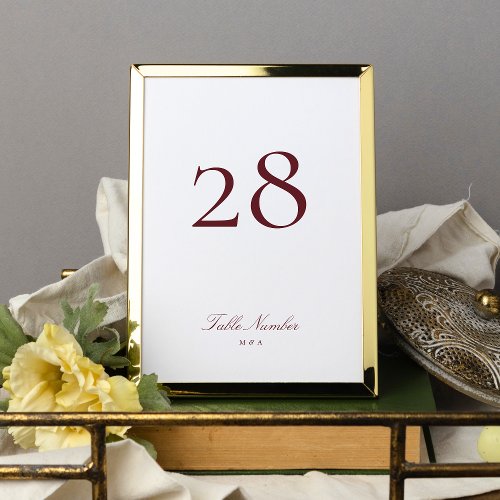 Classic Formal Calligraphy Maroon Burgundy Wedding Table Number
