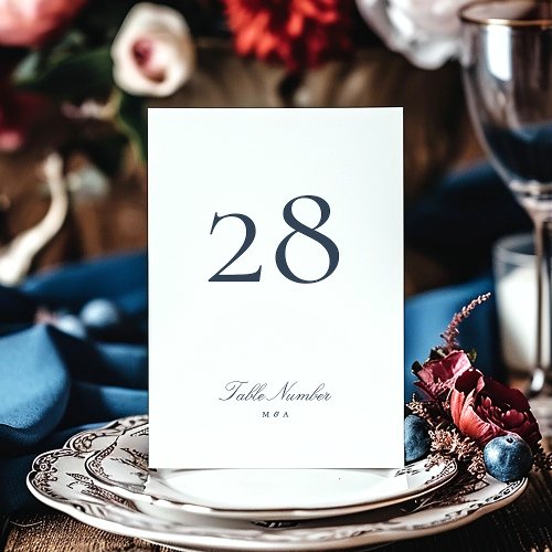 Classic Formal Calligraphy Navy Blue White Wedding Table Number