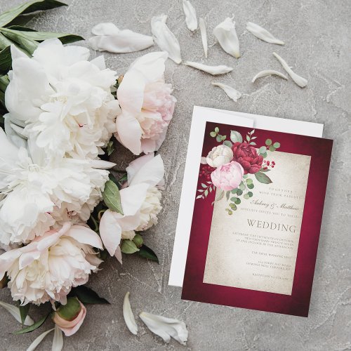 Classic Formal Elegant Peonies Aged Frame Wedding Invitation