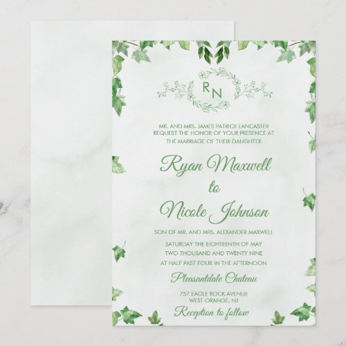 Classic Formal Floral Green Monogram wedding Invitation