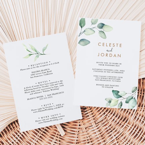Classic Formal Green Leaves Back  Front Wedding  Invitation