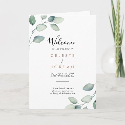 Classic Formal Green Leaves Folded Wedding  Program