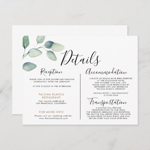 Classic Formal Green Leaves Wedding Details  Enclosure Card