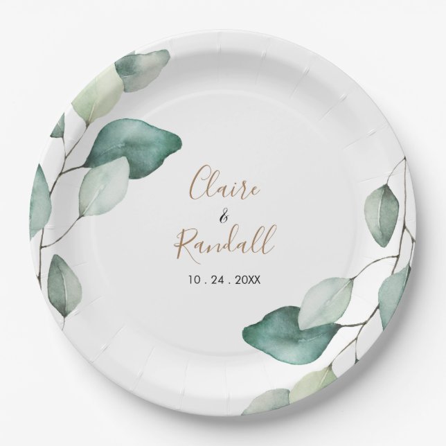 Classic Formal Green Leaves Wedding Paper Plates (Front)