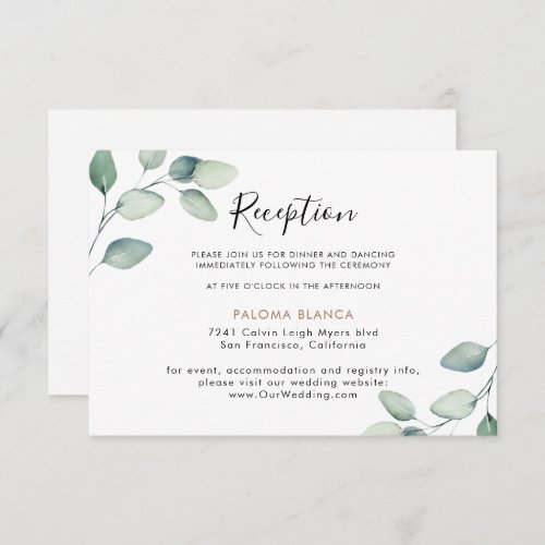 Classic Formal Green Leaves Wedding Reception  Enclosure Card