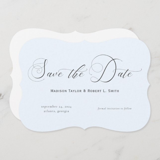Classic Formal Light Blue Calligraphy Wedding Save The Date (Front/Back)