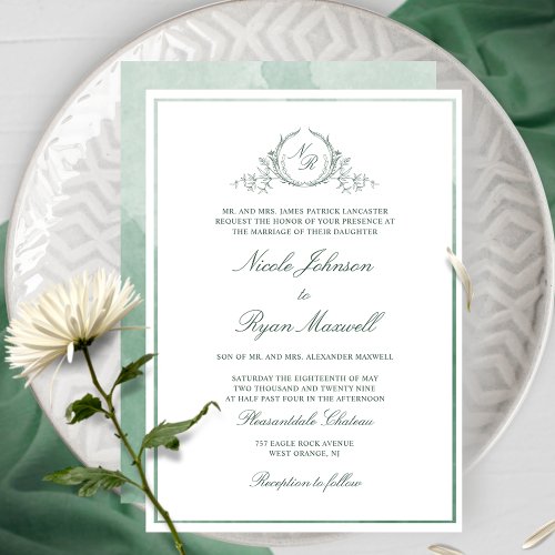 Classic Formal Monogram Green Watercolor Wedding Invitation