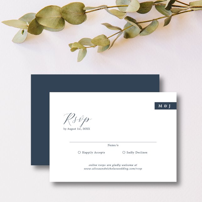 Classic Formal Navy Blue Monogram Script Wedding RSVP Card (Creator Uploaded)