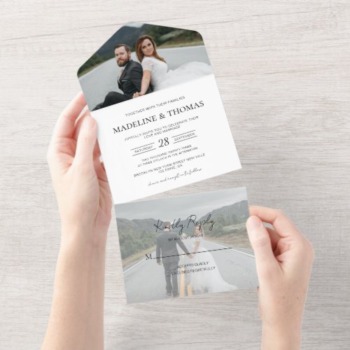 Classic Formal White 2 Photo RSVP Wedding All In One Invitation