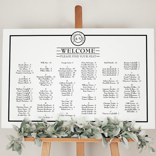 Classic Formal White Black Monogram Seating Chart Foam Board