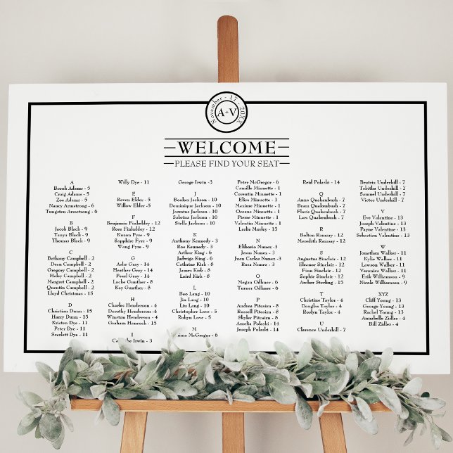 Classic Formal White Black Monogram Seating Chart Foam Board (Creator Uploaded)