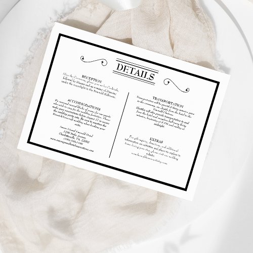 Classic Formal White Black Wedding Details Enclosure Card