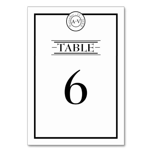 Classic Formal White Black Wedding Monogram Table Number