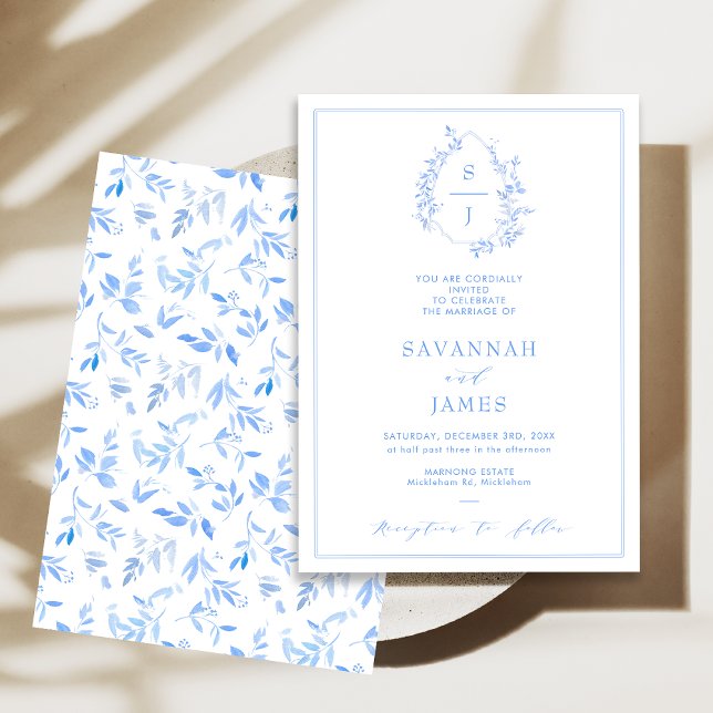 Classic Frame Foliage Blue Crest Wedding Invitation (Classic Blue Crest Wedding Invitation, Blue Monogram Wedding Invitation, Watercolor Foliage Crest)