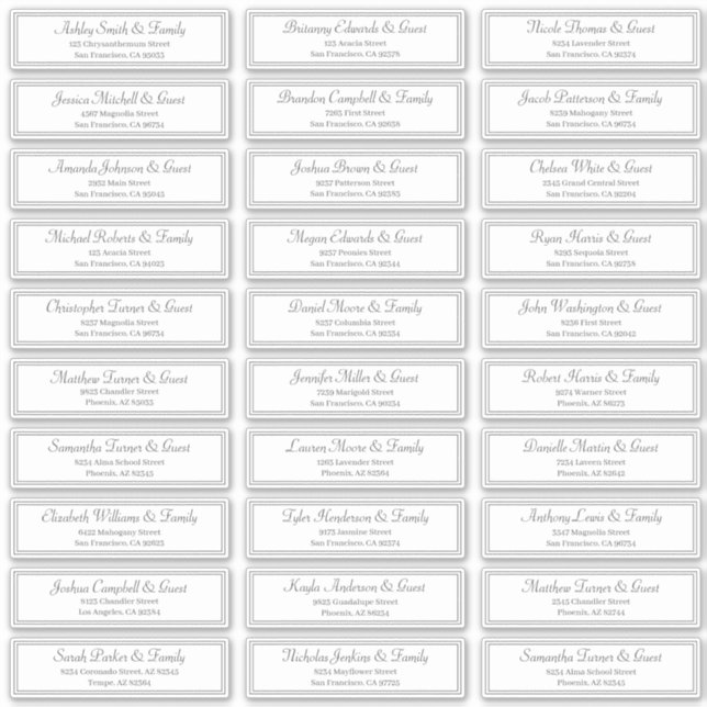 Classic Frame Script Wedding Guest Names Address Sticker (Front)