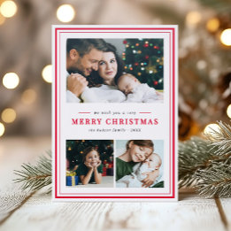 Classic Framed Merry Christmas Three Photo Letterpress Photo Cards