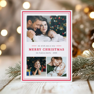 Classic Framed Merry Christmas Three Photo Letterpress Photo Cards