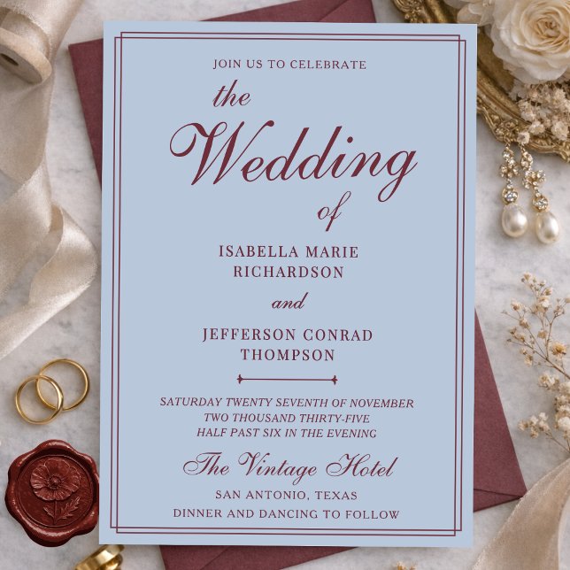 Classic French Blue & Burgundy Old Money Wedding Invitation (Creator Uploaded)
