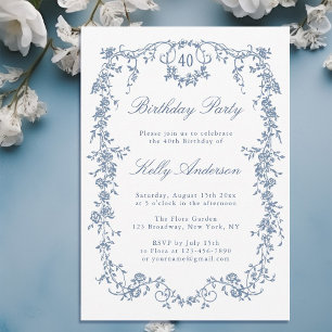 Classic French Blue Floral 40th Birthday Party Invitation